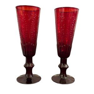 Red Champagne Goblets Embossed Holiday Vintage Set Of Two